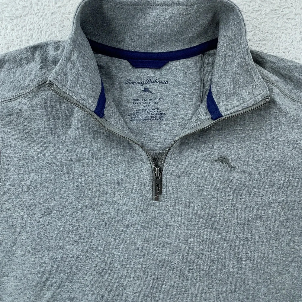 Tommy Bahama Sweater Boys Medium 10-12 Heather Gray Quarter‎ Zip Pullover Marlin